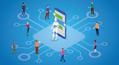 chatbot with robot and people communicate with modern flat isometric style vector illustration