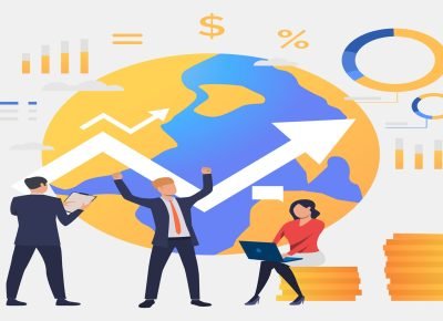 Business people working and celebrating success, rising arrow and earth globe. Investment, management, banking concept. Vector illustration can be used for topics like business, finance, analysis